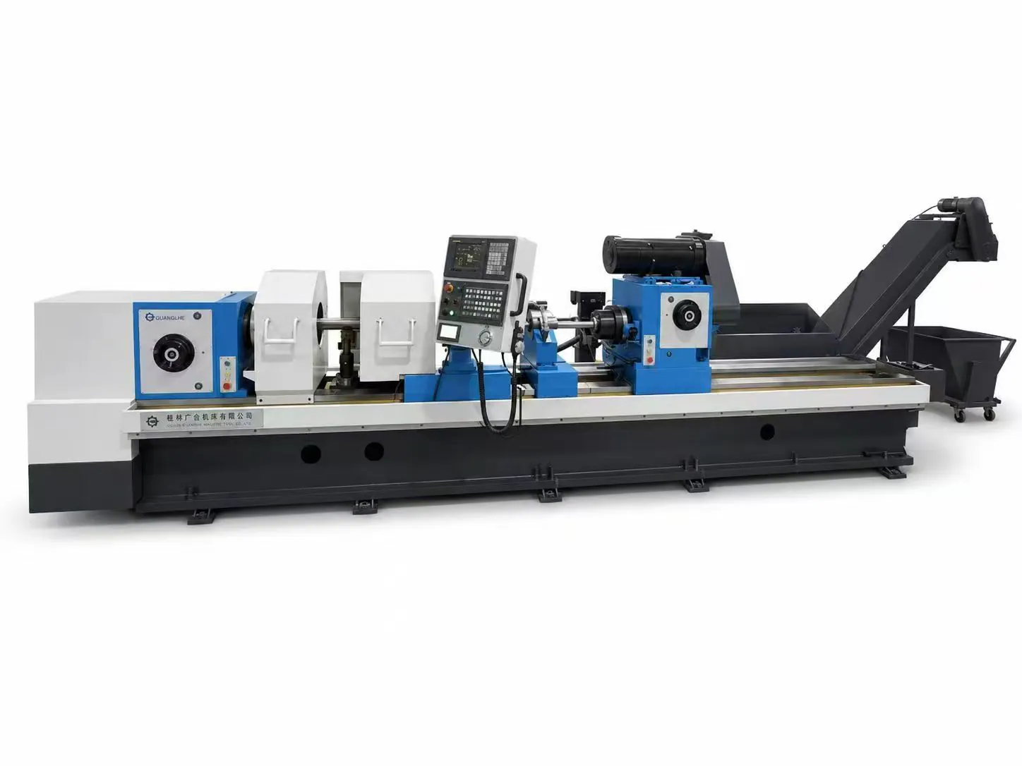 Open-layout CNC deep-hole machine on a white background